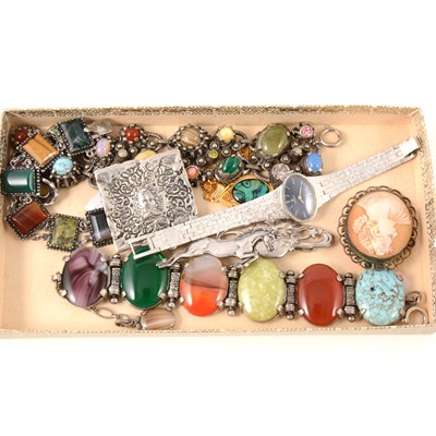 Lot 310 - Silver and costume jewellery, Edinburgh agate bracelet, a lady's Tissot bracelet watch.