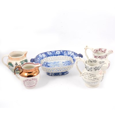 Lot 60 - Victorian transferware chestnut basket, pickle dishes, etc.