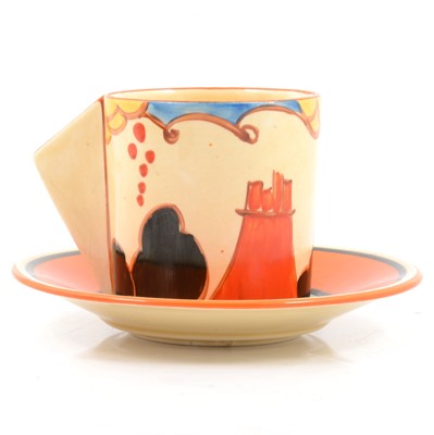 Lot 167 - Clarice Cliff, a Summer House pattern, Conical shape coffee can and saucer.