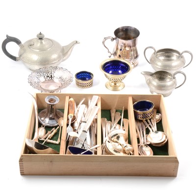 Lot 60 - Part canteen of electroplated cutlery by Roberts & Belk, plus other plated and pewter wares.