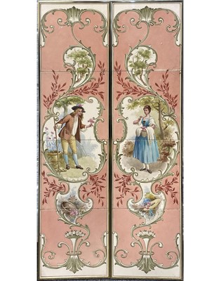 Lot 146 - Pair of decorative hand painted four-tile panels, Rococo style.