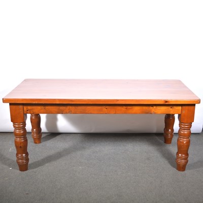 Lot 656 - Contemporary stained pine kitchen table and eight high-back chairs