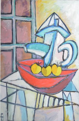 Lot 1054 - Philip Vencken - Still Life, Apples in red bowl with pitcher