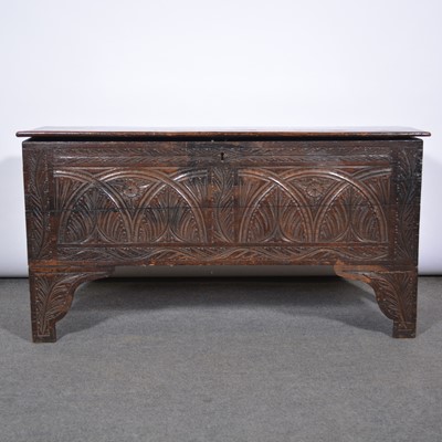 Lot 579 - Boarded oak coffer, chip carved front fascia.