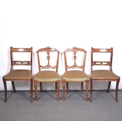 Lot 446 - Reproduction mahogany twin pedestal dining table, a set of four chairs and two others