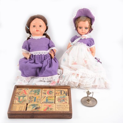 Lot 77 - Peacocks & Co wooden alphabetical blocks, two dolls etc.