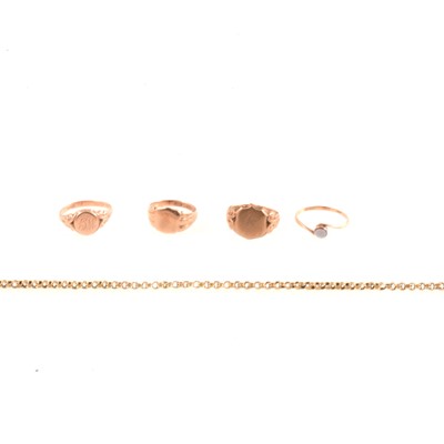 Lot 166 - Gold signet rings, chain, stone ring.
