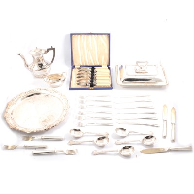 Lot 89 - Silver-plated serving dish with lid, salver, fish eaters and other wares.