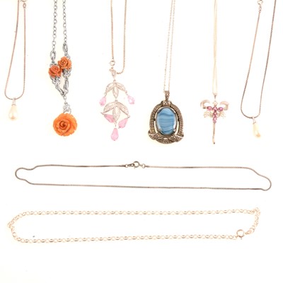 Lot 211 - Vintage and modern silver and white metal necklaces and pendants.