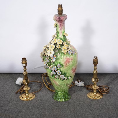 Lot 589 - Pair of gilt metal electric chandeliers with prismatic drops, and table lamps.