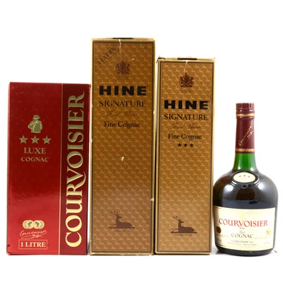 Lot 295 - Two bottles of Courvoisier 3-star cognac, and two bottles of Hine Signature, 1990s bottlings.