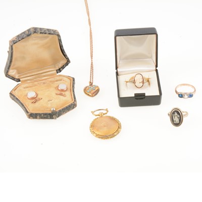 Lot 194 - Locket and chain, hair locket, two dress studs, three rings.