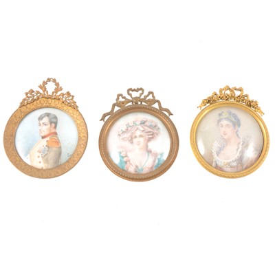 Lot 144 - Three portrait miniatures, in gilt circular frames