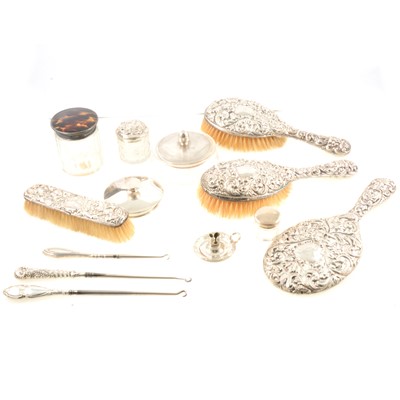 Lot 156 - Silver four-piece dressing table set, Robert Pringle & Sons, Birmingham 1908, and other silver items.