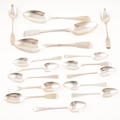 Lot 143 - Pair of Georgian silver tablespoons, Thomas Wilkes Barker, London 1811, and other silver flatware.