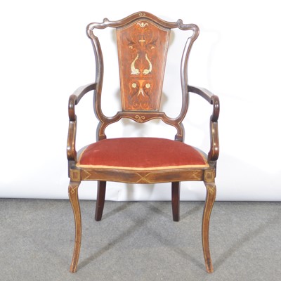 Lot 606 - Edwardian inlaid elbow chair, and an oak jardiniere stand