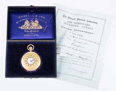 Lot 106 - Tho's Russell & Son - an 18 carat gold full hunter pocket watch with original box and certificate.