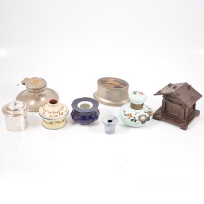Lot 147 - Seventeen various inkwells, bakelite, Torquay Ware, Swiss Chalet, curling stone.