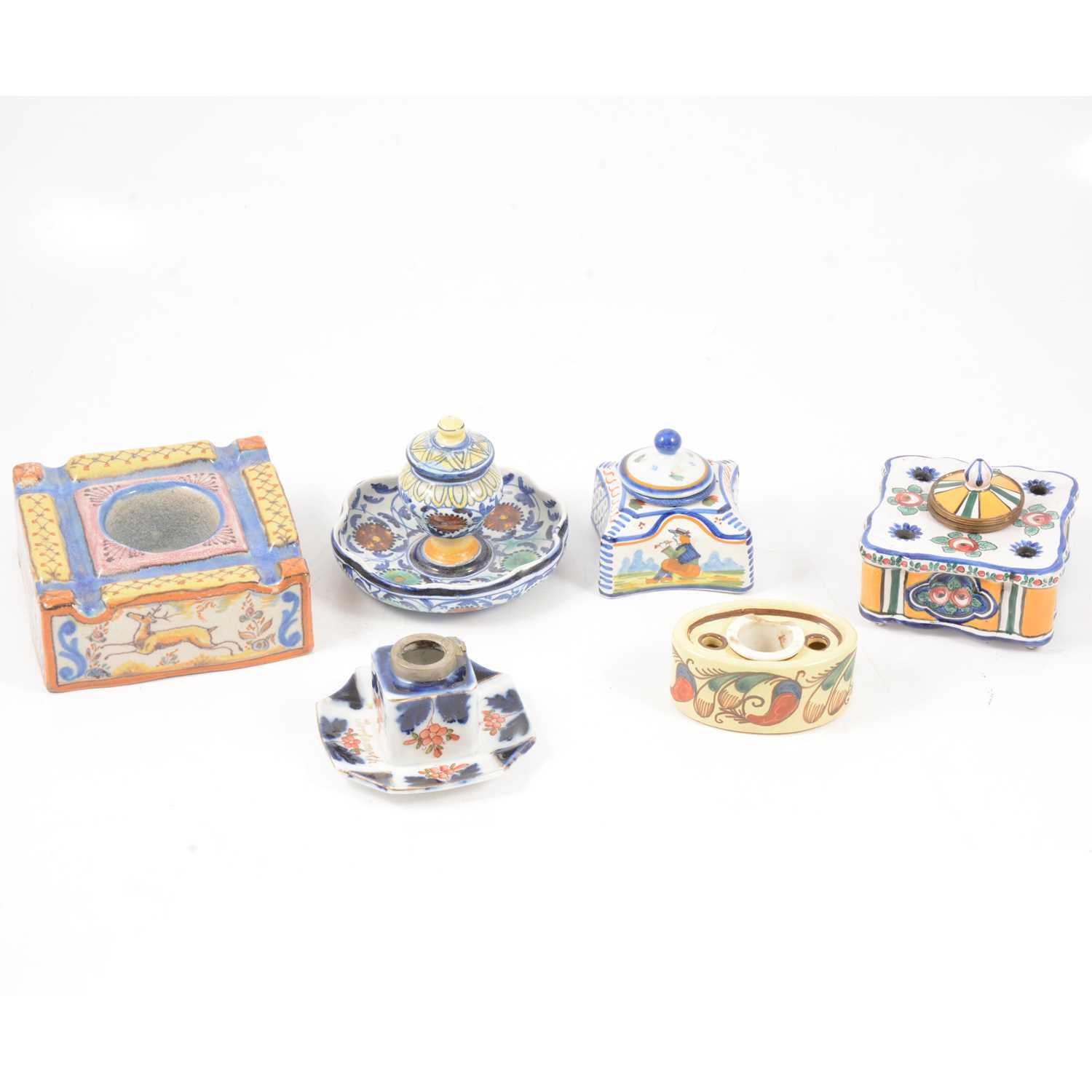 Lot 43 - Six French and Italian faience style inkwells and encrier.
