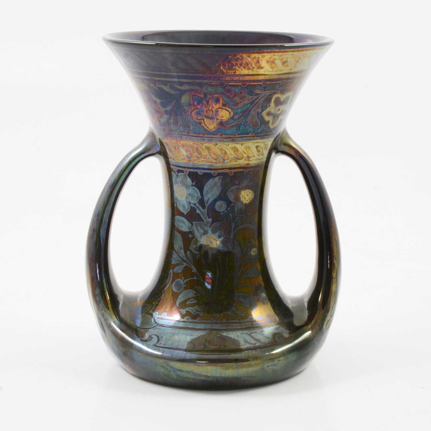 Lot 1008 - Richard Joyce for Pilkington's Royal Lancastrian, a lustre twin handled vase, 1917
