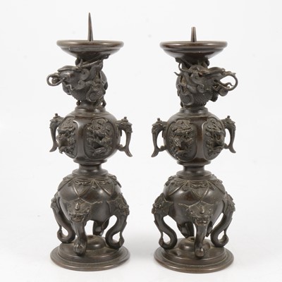 Lot 92 - Pair of Chinese bronze pricket candlesticks