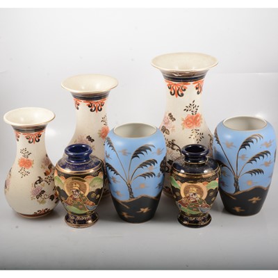 Lot 25 - Pair of Satsuma vases, three modern Chinese vases and a pair of Staffordshire vases