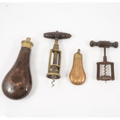 Lot 175 - Two shot flasks and two twin pillar corkscrews.