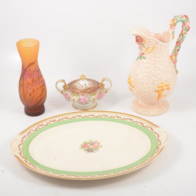 Lot 15 - Royal Albert "Old Country Roses" clock, Nipon lidded vase, Clarice Cliff harvest jug, meat plate.