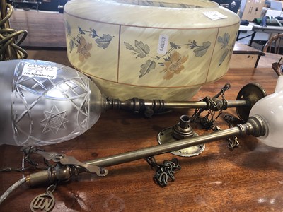 Lot 675 - Two railway ceiling lights, plafonnier shade, two brass table lamps.