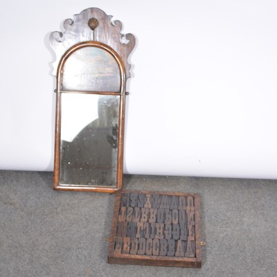 Lot 624 - Wall mirror with hand painted hunting scene, set of printing blocks in tray.