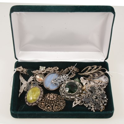Lot 389 - A collection of costume jewellery and Wedgwood brooches, pendant, silver compact, etc.