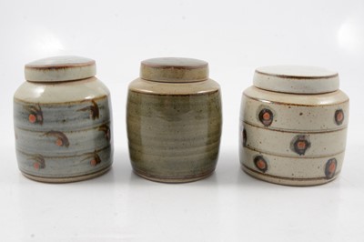Lot 1044 - David Leach, three Lowerdown Pottery preserve jars and covers