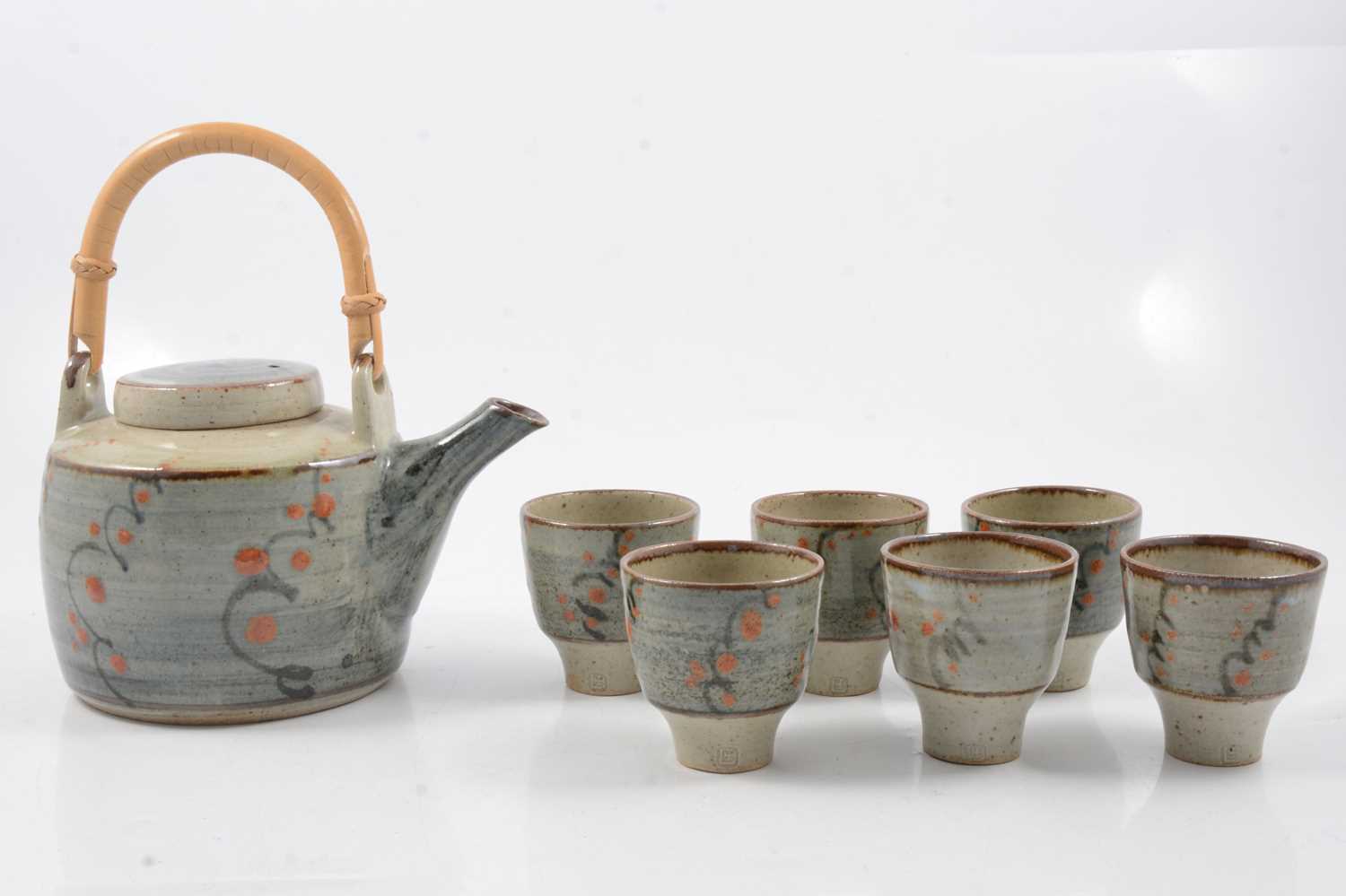 Lot 1043 - David Leach, a stoneware teapot and six tea bowls