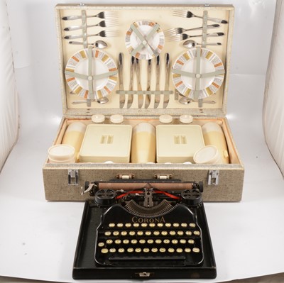 Lot 119 - Coracle picnic hamper, and a Corona 4 portable typewriter.