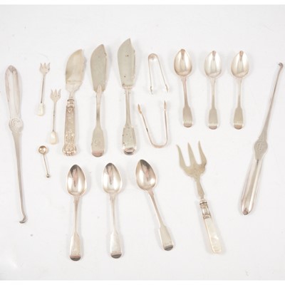 Lot 260 - Georgian and later silver fish knives, teaspoons, and other silver and plated flatware.