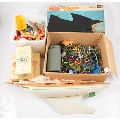 Lot 221 - A selection of vintage toys including Star pond Yacht 'Endeavour IV' plastic soldiers etc.