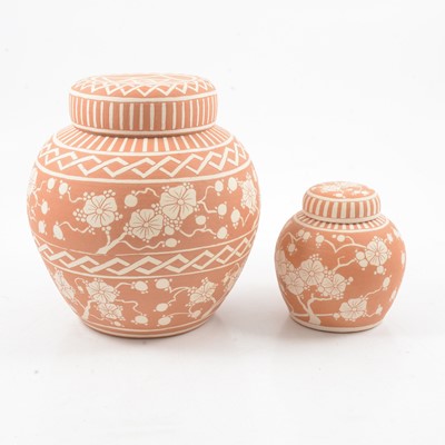 Lot 1031 - Two terracotta and sgraffito ginger jar and covers by Peter and Gaye Fishley Holland