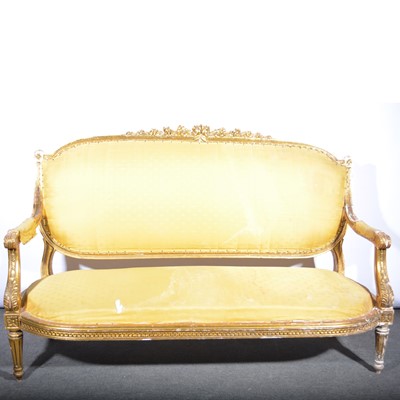 Lot 673 - 19th Century French giltwood canape, arched back with carved cresting