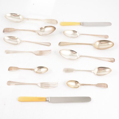 Lot 197 - Pair of Georgian silver table spoons, William M Traies, London 1823, and other silver flatware.