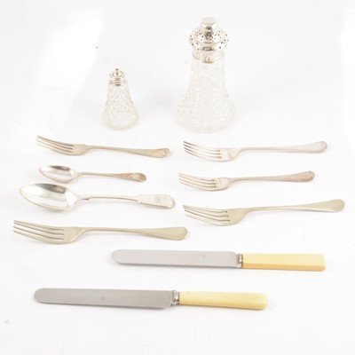 Lot 195 - Silver-topped glass sugar caster, Walker & Hall, Sheffield 1926, salt pot and plated cutlery.