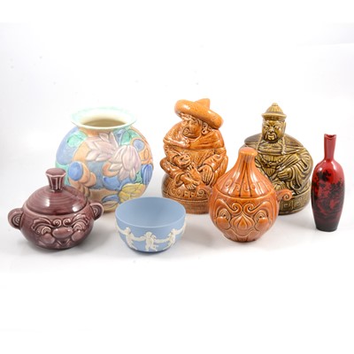 Lot 31 - Royal Doulton 'Woodcut' flambe vase, Wedgwood jasperware bowl, Sadler decorative jars and Beswick vase.