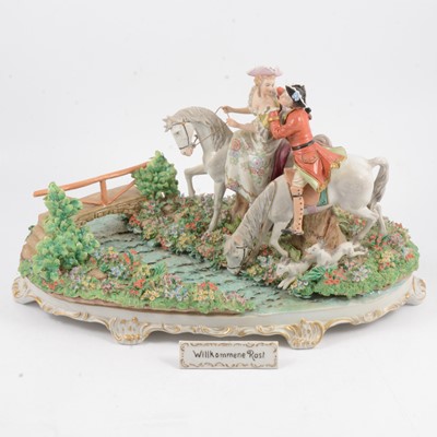 Lot 16 - Large Sitzendorf Dresden group of riders entitled 'Willkommene Rast'.