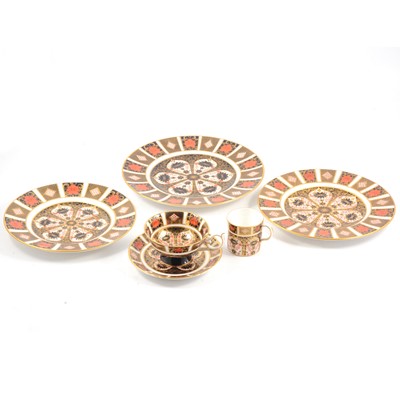 Lot 14 - Royal Crown Derby 'Imari' pattern plates, trio, hexagonal vase and lid.