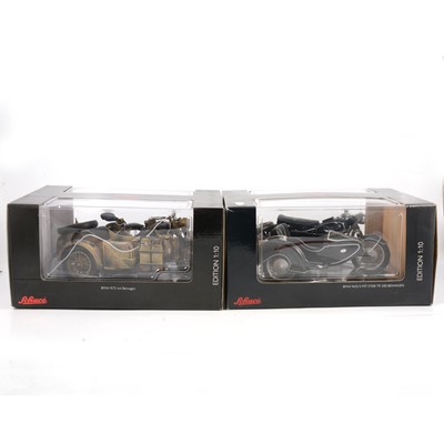 Lot 196 - Two Schuco 1:10 scale model motor-cycles and side-cars, boxed