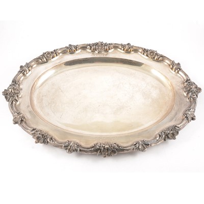 Lot 39 - Victorian silver tray, floral and foliate border, J E Terrey & Co, London 1845.
