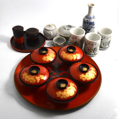 Lot 126 - Two Japanese turned wood bowls, and other Japanese artefacts.