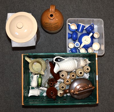 Lot 71 - Modern "Bread" crock, stoneware flagon, ink bottles, blue and white Devonware etc..
