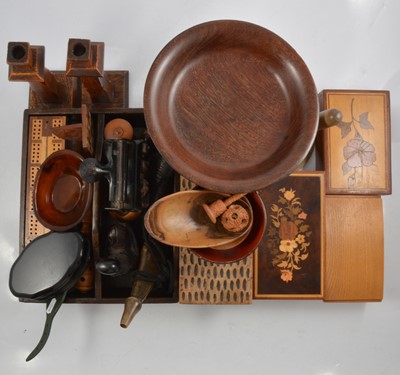 Lot 164A - Wooden candlesticks, pedestal dish, musical trinket boxes and other wooden items.