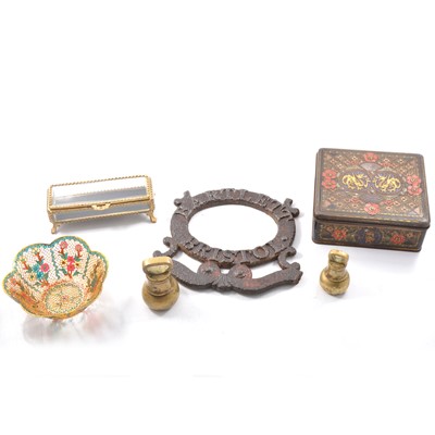 Lot 70 - Contemporary glass and brass table lamp, brass candlesticks, trivet, weights and other metal wares.