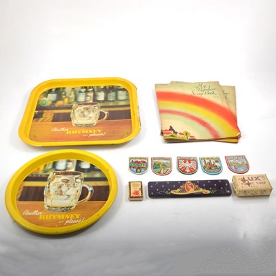 Lot 127 - Tray of ephemera, postcards, Bassette Lowke catalogue, greetings cards, vintage soaps, brewerana